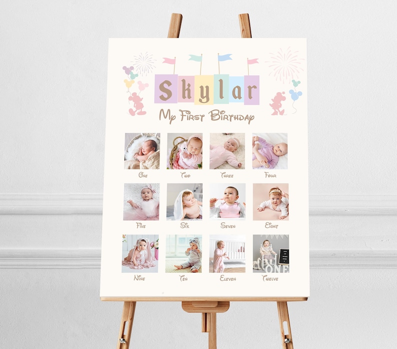 May include: A white poster with a pink, blue, and yellow banner that says "Skylar My First Birthday". The poster has a grid of 12 photos of a baby girl, each photo labeled with a number from one to twelve.