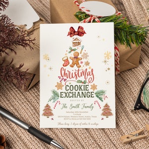 May include: A Christmas Cookie Exchange invitation card with a festive design. The card features a Christmas tree made of gingerbread cookies, a gingerbread man, and other holiday elements. The text reads "Christmas Cookie Exchange" and includes event details.