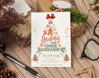 May include: A Christmas Cookie Exchange invitation card with a festive design. The card features a Christmas tree made of gingerbread cookies, a gingerbread man, and other holiday elements. The text reads "Christmas Cookie Exchange" and includes event details.