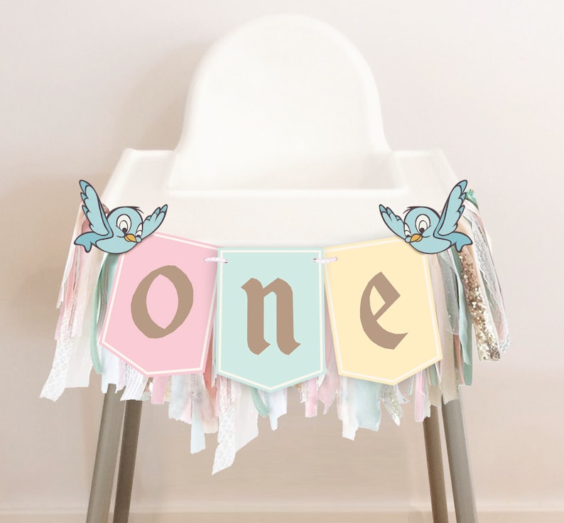 Op de afbeelding: Een pastelroze, blauwe en gele banner met het woord "one" in bruine letters. De banner is versierd met blauwe vogels en witte, roze en blauwe franjes. De banner hangt aan een witte hoge stoel.