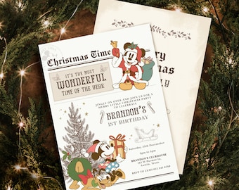 Mickey Christmas Birthday Invitation, Christmas Invitation, Vintage Minnie Birthday, Digital, Printable