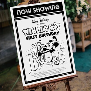 Printable Mickey Birthday Welcome Sign, Mickey Steamboat Willie Birthday Sign,  Perfect for any Disney theme party or event, Digital file
