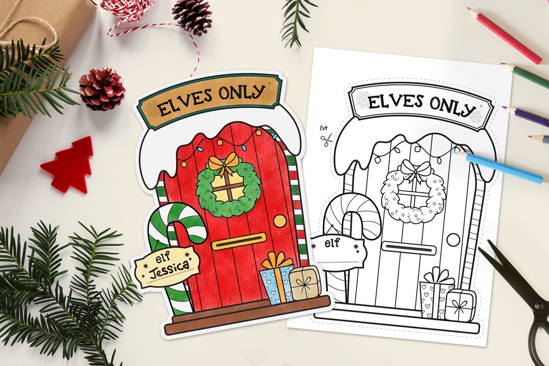 Printable Elf Door Coloring Pages, Christmas Activity for Preschoolers