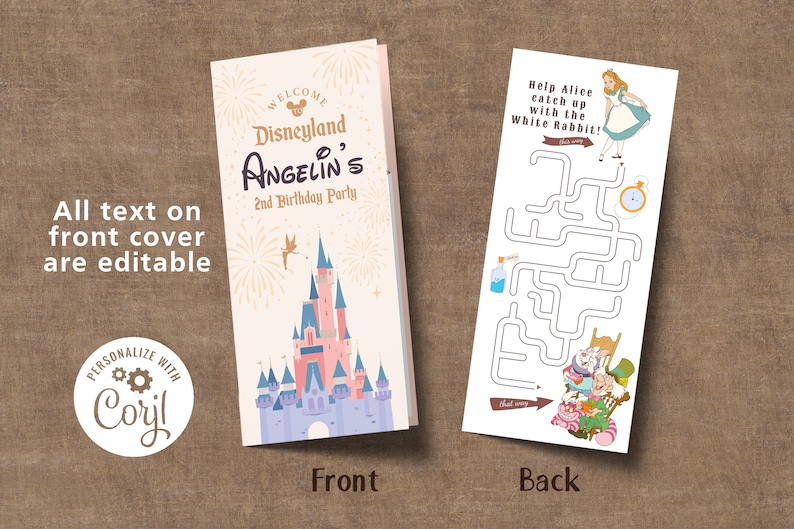 May include: A Disneyland-themed invitation for a 2nd birthday party. The front features a castle illustration and the text "Welcome Disneyland Angelin's 2nd Birthday Party". The back has a maze with Alice and the White Rabbit.