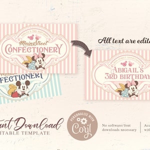May include: Editable printable sign template featuring a pink and white striped background with a vintage-style frame and a cartoon image of Mickey Mouse and Minnie Mouse. The text reads "Main Street Confectionery" and "Abigail's 3rd Birthday".