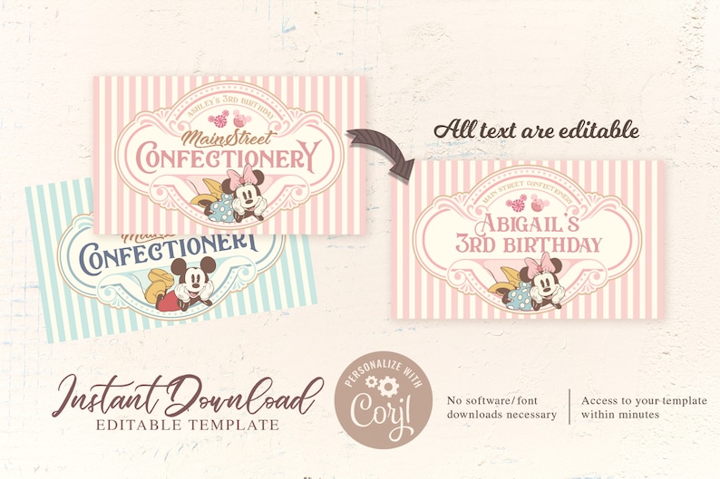 May include: Editable printable sign template featuring a pink and white striped background with a vintage-style frame and a cartoon image of Mickey Mouse and Minnie Mouse. The text reads "Main Street Confectionery" and "Abigail's 3rd Birthday".
