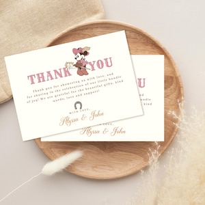 Carte de remerciement Cowgirl Minnie Baby Shower, une petite douche de bébé cow-girl, bébé de l'Ouest, bébé rodéo, fichier numérique