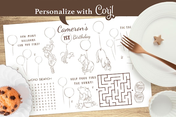 Printable Winnie the Pooh Activity Placemat, 100 Acre Wood Party Coloring Page, Kids Activities Sheet, Digital, Printable