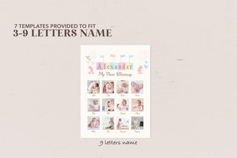 May include: A printable first birthday poster with a colorful design featuring a name banner, a photo collage, and the text "My First Birthday".