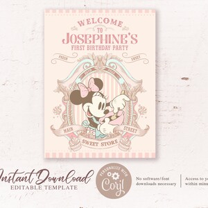 May include: A pink and white printable party invitation featuring a cartoon image of Minnie Mouse baking in a kitchen. The text reads "Welcome to Josephine's First Birthday Party".