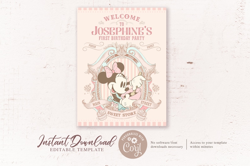 May include: A pink and white printable party invitation featuring a cartoon image of Minnie Mouse baking in a kitchen. The text reads "Welcome to Josephine's First Birthday Party".