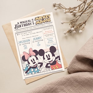 Pastell Mickey & Minnie Geschwister Geburtstagseinladung, Disneyland Geburtstagseinladung, Mickey Geburtstag, Minnie Geburtstag, digital, printable