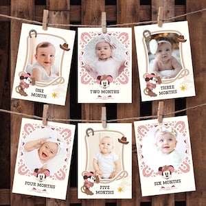 Banner de fotos para impressão da Minnie Rodeo, cartões comemorativos mensais do primeiro ano do bebê Minnie Cowgirl, arquivo digital