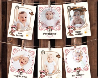 Striscione fotografico stampabile con foto di Minnie Rodeo, biglietti mensili per il primo anno di vita di Minnie Cowgirl Baby, file digitale