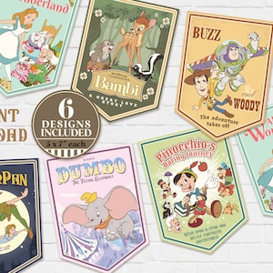 Printable Disney Banner, Disneyland Birthday Party Decoration, Bambi, Peter Pan, Dumbo, Alice in Wonderland, Toy Story, Digital file