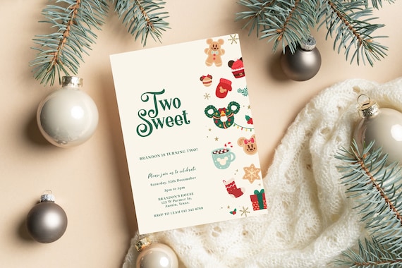 Mickey Christmas Two Sweet Birthday Invitation, Christmas Party Invitation, Vintage Minnie Birthday, Digital, Printable