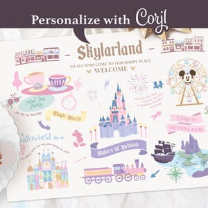 May include: A printable map of a whimsical theme park called Skylarland. The map features a pink castle, a Ferris wheel, a tea party, and a pirate ship. The text "Skylar's 1st Birthday" is included on the map.