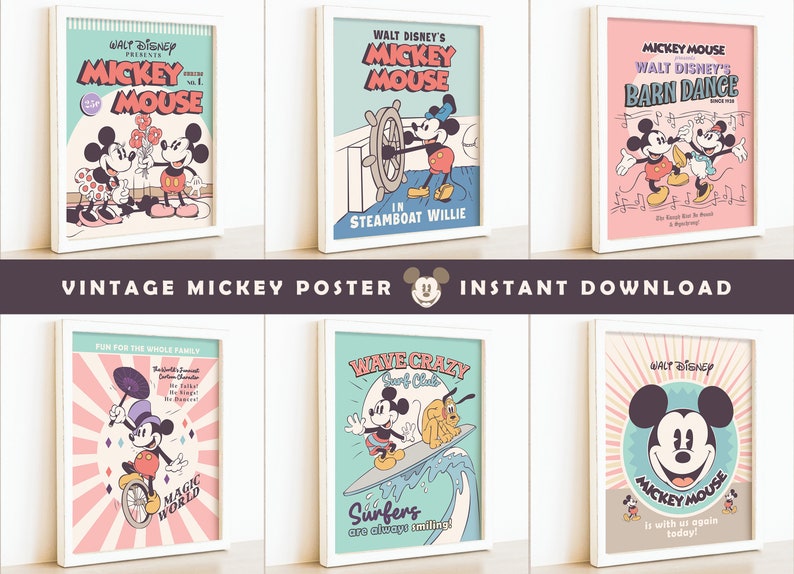 Puede incluir: Seis p&oacute;sters vintage de Mickey Mouse con marcos blancos. Los p&oacute;sters presentan a Mickey Mouse en varias escenas, incluyendo un barco de vapor, un baile de granero y una tabla de surf. Los p&oacute;sters est&aacute;n todos en un estilo retro con colores brillantes y fuentes en negrita.