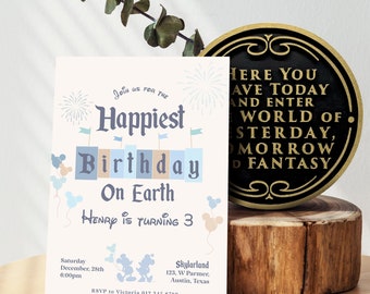 Invitación al cumpleaños más feliz de la Tierra, invitación de cumpleaños de Disneyland, cumpleaños de Mickey, cumpleaños de Minnie, digital, imprimible