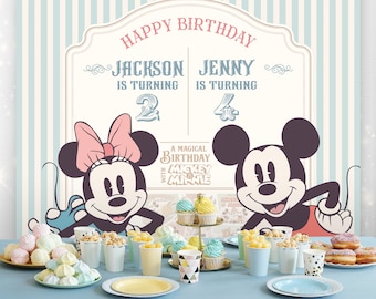 Sfondo di compleanno dei fratelli Mickey & Minnie modificabile, compleanno di Topolino e Minnie, festa Disney, file digitale