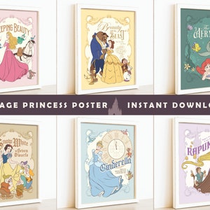 Printable Vintage Prinzessin Poster, Disneyland Party Dekoration, Cinderella, Schneewittchen, Belle, Ariel, Aurora, Rapunzel, Digitale Datei