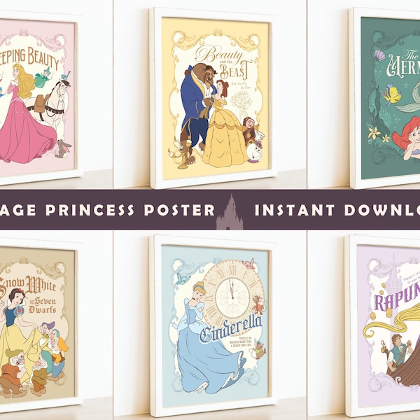 Affiche princesse vintage imprimable, décoration de fête Disneyland, Cendrillon, Blanche-Neige, Belle, Ariel, Aurore, Raiponce, fichier numérique