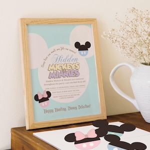 May include: A printable game card with a blue background and a cartoon Mickey Mouse head. The card says "Hidden Mickeys & Minnies" and "Step into the magic and join the search!"  Hidden Mickeys & Minnies are scattered throughout the party - can you find them all? Look closely at decorations, tables, and corners. Keep track of how many you find. Share your count at the end for a special surprise. Happy Hunting, Disney Detective!"