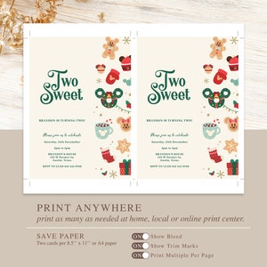 May include: Two Sweet! A printable invitation for a child's second birthday party. The invitation features a festive Christmas theme with a cartoon gingerbread man, a red stocking, a green wreath, and a hot chocolate mug. The text on the invitation reads "Two Sweet!" and includes details about the party, such as the date, time, and location. The invitation also includes instructions for printing at home or at a local print center.