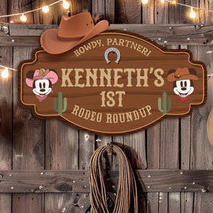 Cartello di compleanno di Topolino e Minnie Rodeo, cartello di compleanno di Topolino Cowboy, striscione di compleanno di Minnie Cowgirl, Oh Toodles, digitale, stampabile