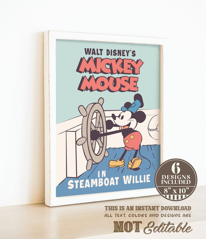 Puede incluir: Un p&oacute;ster de estilo vintage con Mickey Mouse con un traje de marinero azul, sosteniendo el tim&oacute;n de un barco. El p&oacute;ster se titula "Walt Disney's Mickey Mouse in Steamboat Willie" e incluye el texto "6 Designs Included 8" x 10" This is an instant download. All text, colors and designs are NOT Editable."