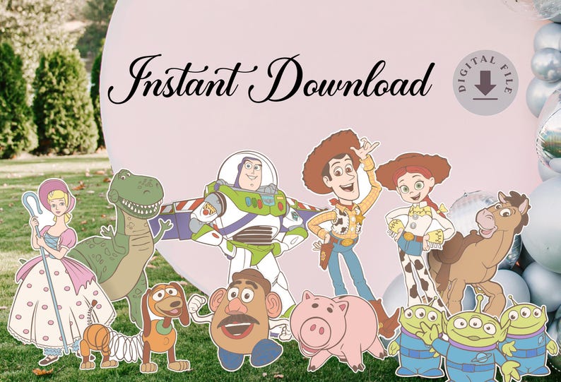 May include: A selection of colourful character cutouts from the animated film Toy Story, including Woody, Buzz Lightyear, and others. The words "Instant Download" are written in a decorative font.