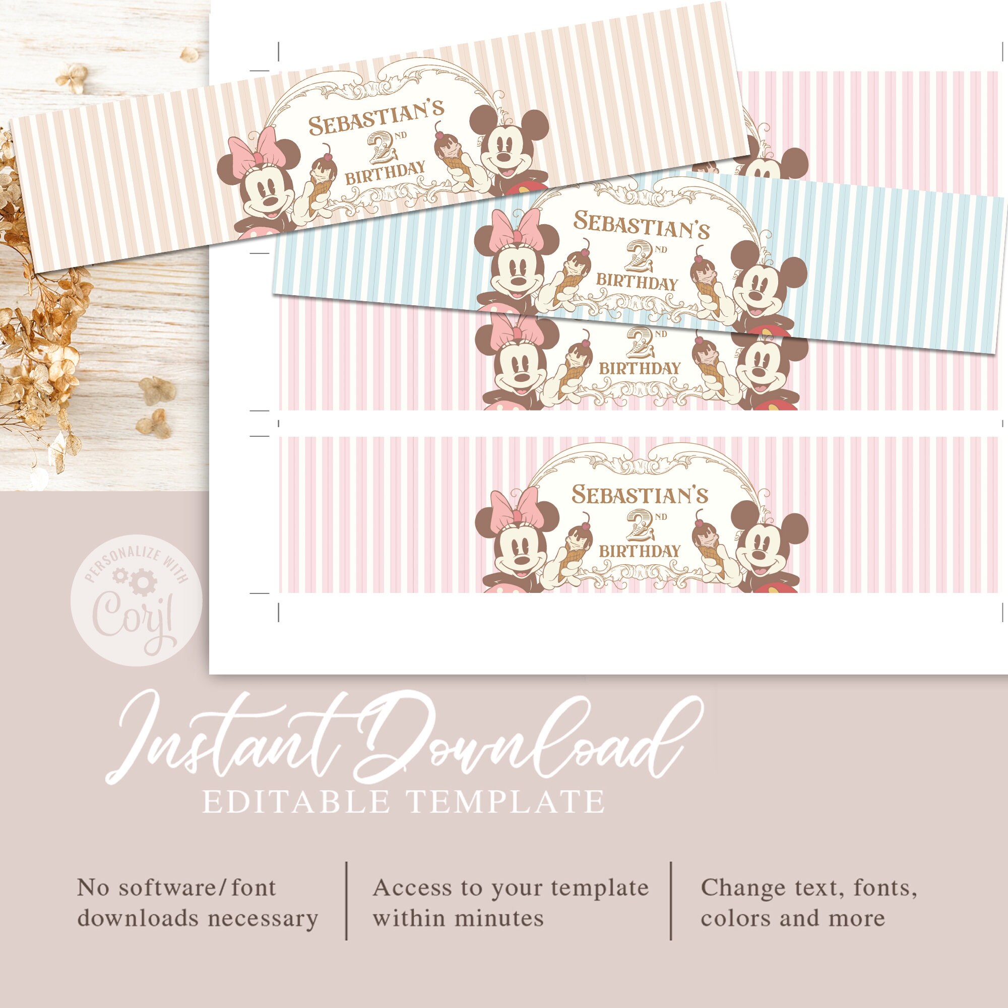 Printable Mickey & Minnie Ice Cream Parlor Water Bottle Label Etsy
