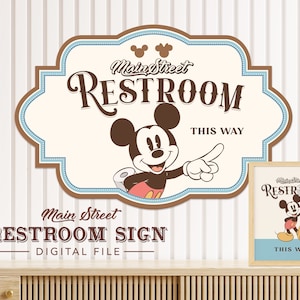 Mickey Restroom Sign, Mainstreet Party, Mickey Birthday, Minnie Baby Shower, Disneyland Party Decoration, Digital file