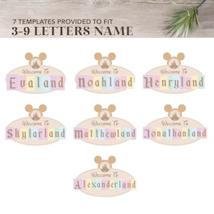May include: Seven printable templates for personalized welcome signs. Each sign features a cartoon Mickey Mouse head with a castle and the text "Welcome to" followed by a name. The names are: Evaland, Noahland, Henryland, Skylarland, Matthewland, Jonathanland, and Alexanderland.