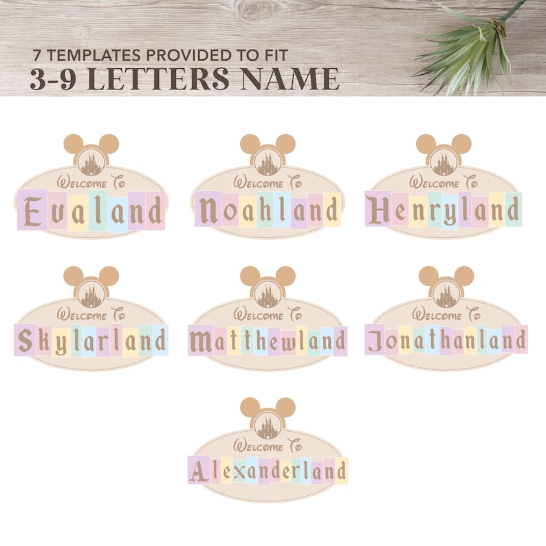 May include: Seven printable templates for personalized welcome signs. Each sign features a cartoon Mickey Mouse head with a castle and the text "Welcome to" followed by a name. The names are: Evaland, Noahland, Henryland, Skylarland, Matthewland, Jonathanland, and Alexanderland.