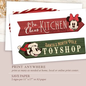May include: Two printable Christmas signs featuring Mickey Mouse and Minnie Mouse. The red sign says "Mrs. Claus Kitchen - Open Daily". The green sign says "Santa's North Pole Toy Shop".