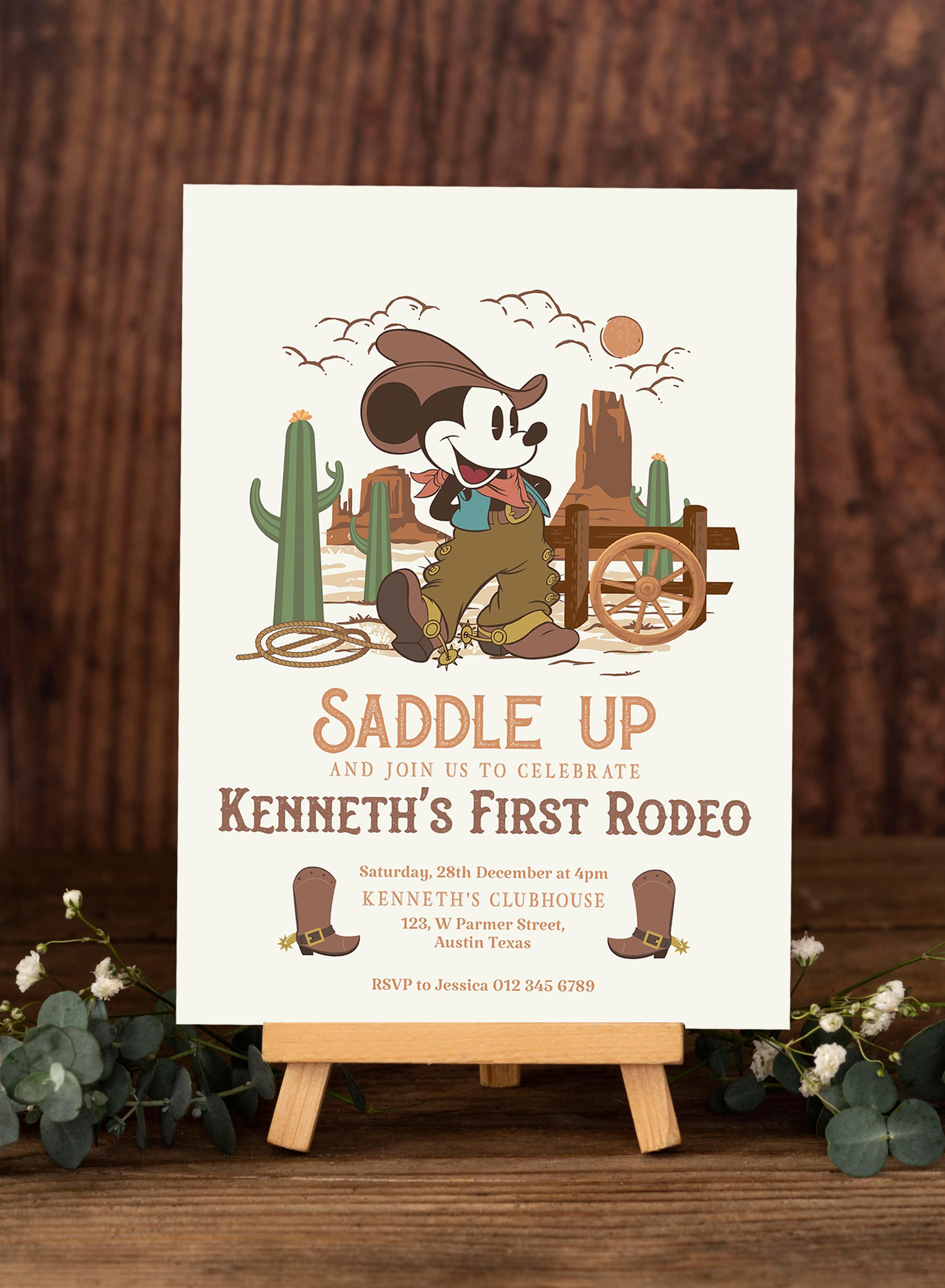 Mickey First Rodeo Birthday Invitation, Mickey Cowboy Birthday ...