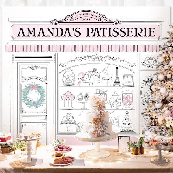 Telón de fondo de fiesta de pastelería de Navidad, telón de fondo de tienda de pasteles, decoración temática de café parisino