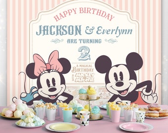 Sfondo di compleanno di Topolino e Minnie modificabile, Compleanno di Topolino e Minnie, Festa Disney, File digitale