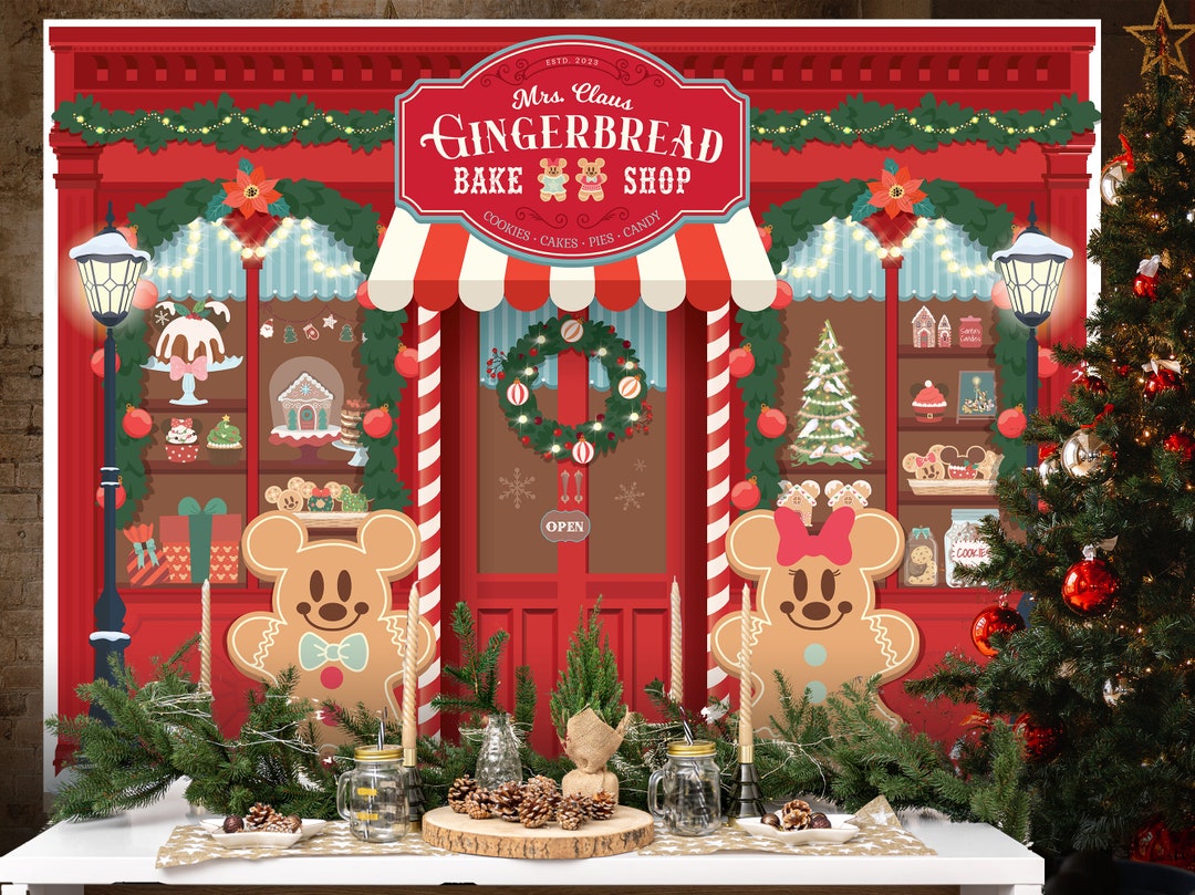 Editable Mickey & Minnie Gingerbread Bake Shop Backdrop, Mrs. Claus ...