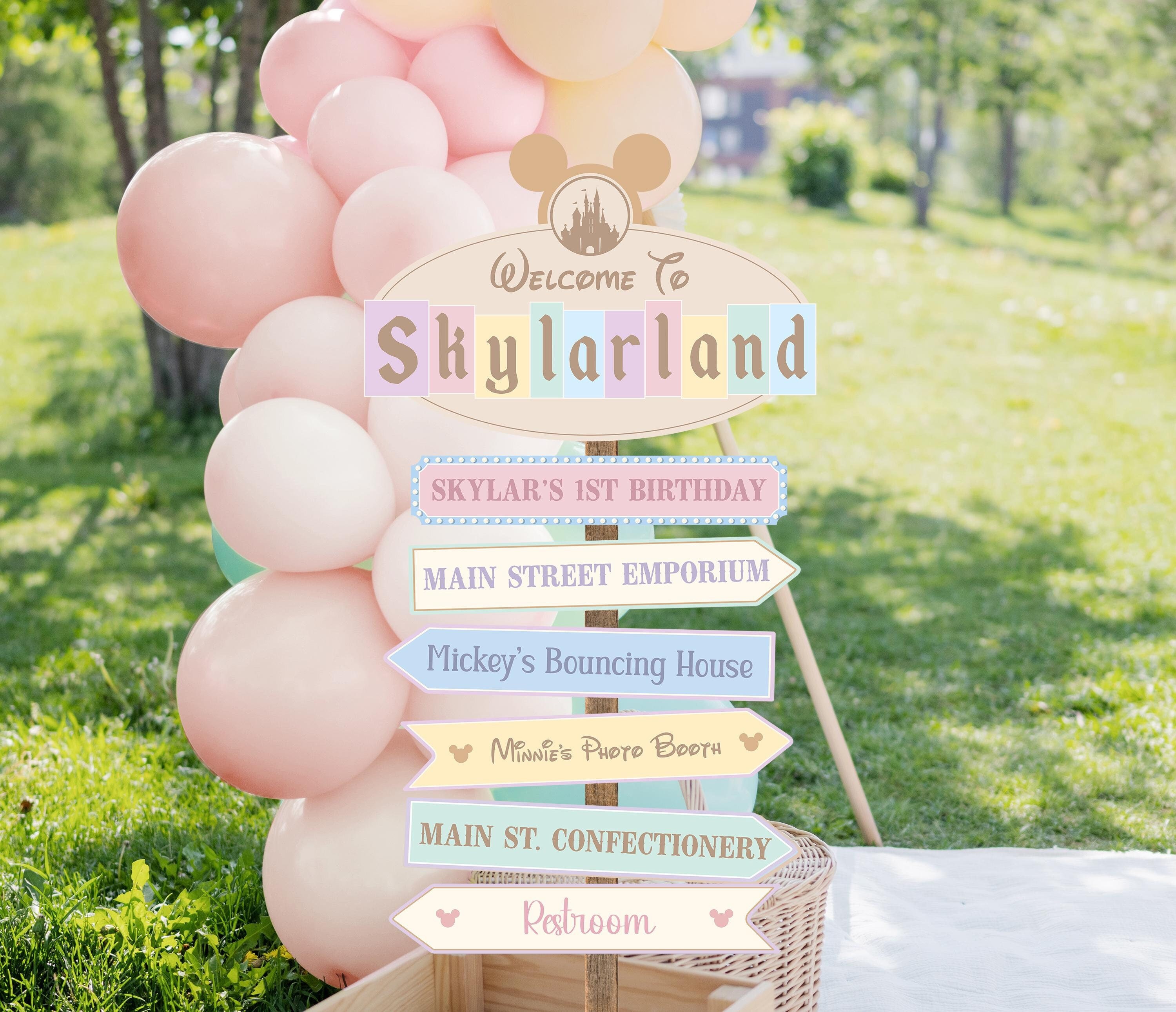 Editable Disneyland Party Directional Sign, Mickey Birthday, Happiest Birthday On Earth,  Disneyland Baby Shower Decoration, Digital file
