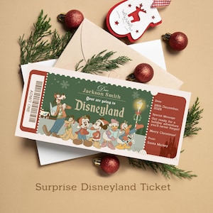 May include: A Disneyland ticket with a green and red design, featuring Disney characters and the text "Surprise Disneyland Ticket." The ticket is addressed to Jackson Smith and includes a Christmas message from Santa Mickey.