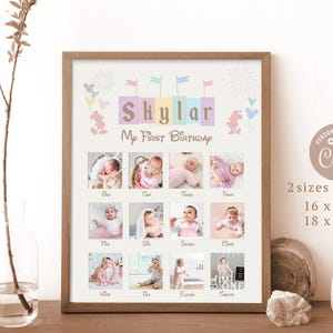 May include: A personalized first birthday photo collage featuring a baby girl named Shylar. The collage has a pastel color scheme and includes 12 photos of the baby at different ages. The collage is framed in a light brown frame and is available in two sizes: 16 x 20 inches and 18 x 24 inches.