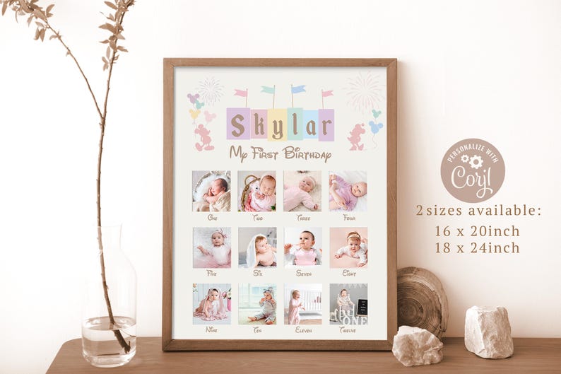 May include: A personalized first birthday photo collage featuring a baby girl named Shylar. The collage has a pastel color scheme and includes 12 photos of the baby at different ages. The collage is framed in a light brown frame and is available in two sizes: 16 x 20 inches and 18 x 24 inches.