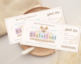 May include: Two admission tickets for a birthday party at Skylarland, a whimsical amusement park. The tickets are beige with brown text and feature a cartoon castle and Mickey Mouse ears.