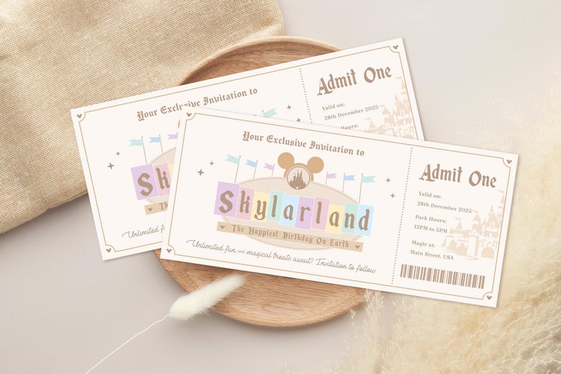 May include: Two admission tickets for a birthday party at Skylarland, a whimsical amusement park. The tickets are beige with brown text and feature a cartoon castle and Mickey Mouse ears.