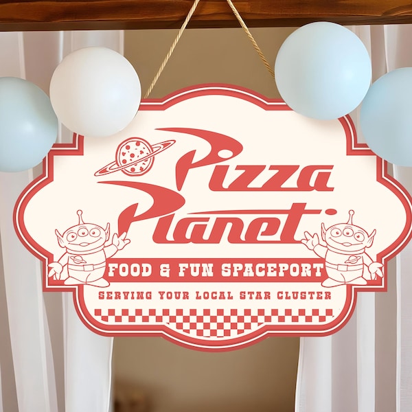 Letrero imprimible vintage de Pizza Planet, decoración para fiesta de cumpleaños de Toy Story, estación de comida (archivo digital)