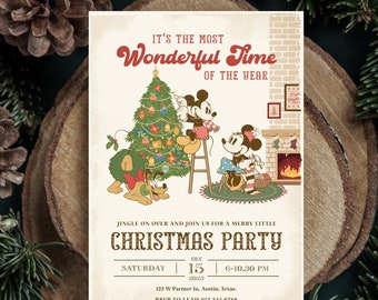 May include: A Christmas party invitation featuring Mickey Mouse and Pluto decorating a Christmas tree. The invitation is decorated with a red and white plaid pattern and includes the text "It's the most Wonderful Time of the Year".