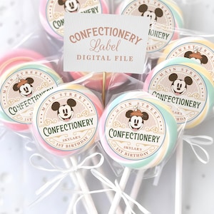 Editable Mickey & Minnie Candy Label, Main Street Confectionery, Mickey Lollipop, Minnie Baby Shower, Disneyland Birthday, Digital File
