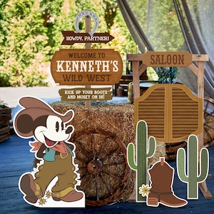 Afdrukbare Mickey Rodeo verjaardag achtergrond, Mickey Cowboy verjaardag stand-up prop, Wild West Party Decoration, Photo Booth, digitaal bestand
